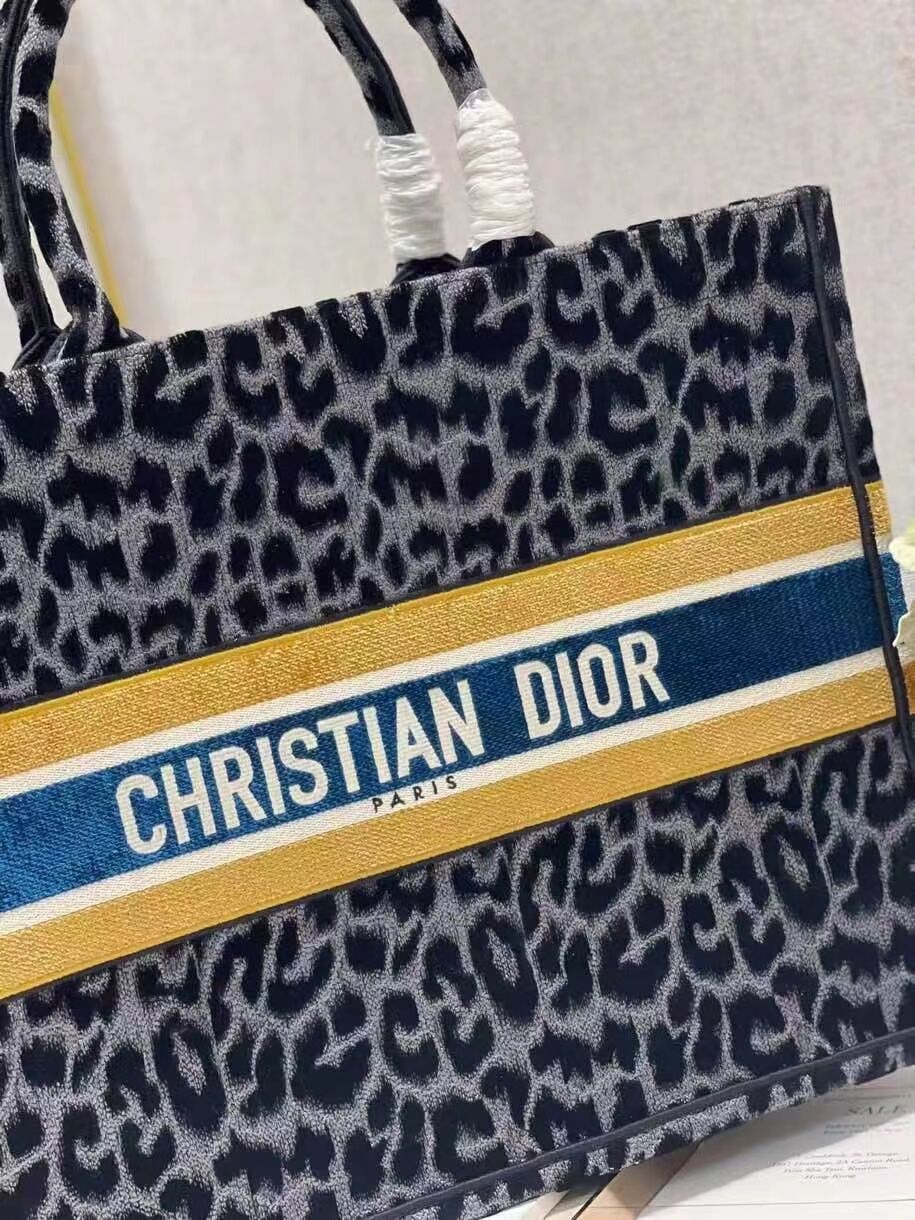 DIOR BOOK TOTE Embroidery C1286-4 Black&gray Leopard Print