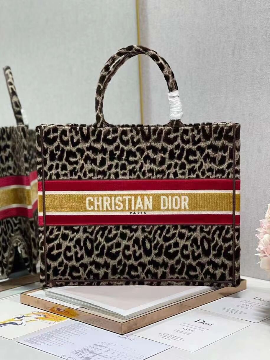 DIOR BOOK TOTE Embroidery C1286-1 Brown Leopard Print