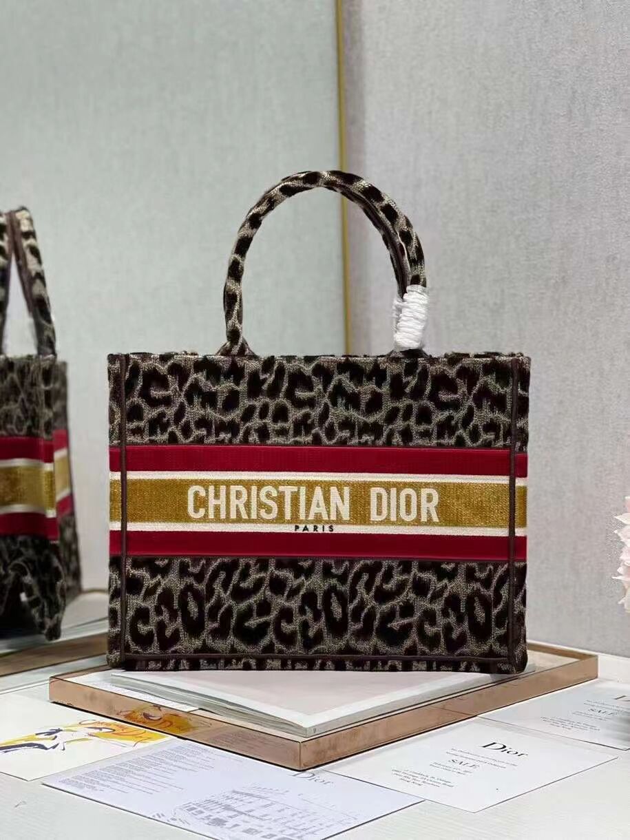 SMALL DIOR BOOK TOTE Embroidery C1287-2 Brown Leopard Print