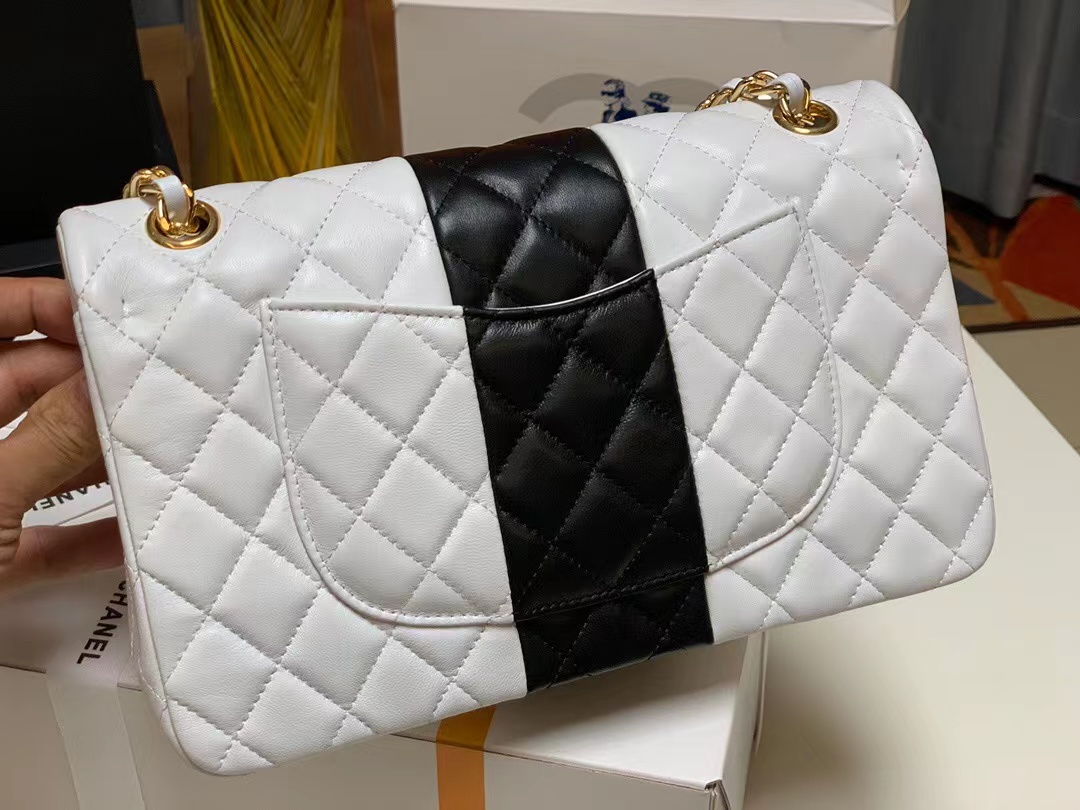 Chanel CLASSIC HANDBAG Lambskin & Gold Metal A01112 White & Black