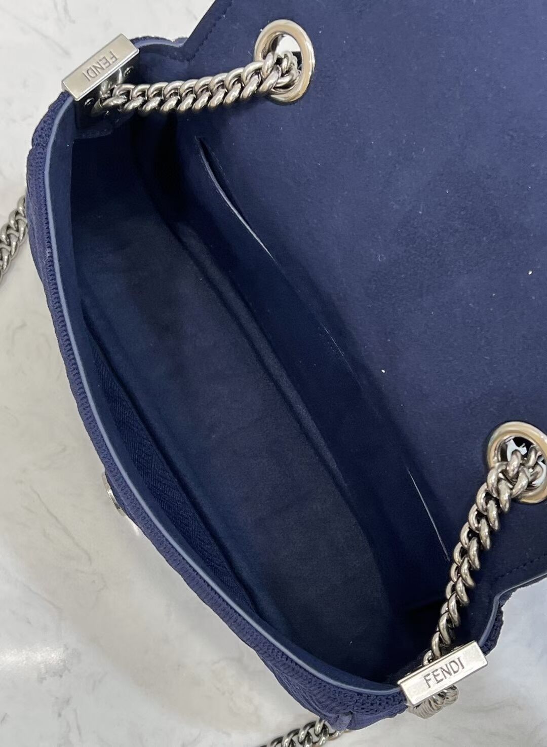 FENDI MIDI BAGUETTE CHAIN FF fabric bag 8BR793 dark blue