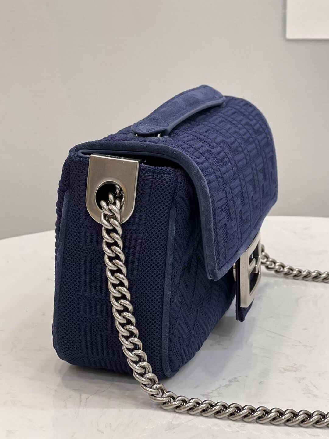 FENDI MIDI BAGUETTE CHAIN FF fabric bag 8BR793 dark blue