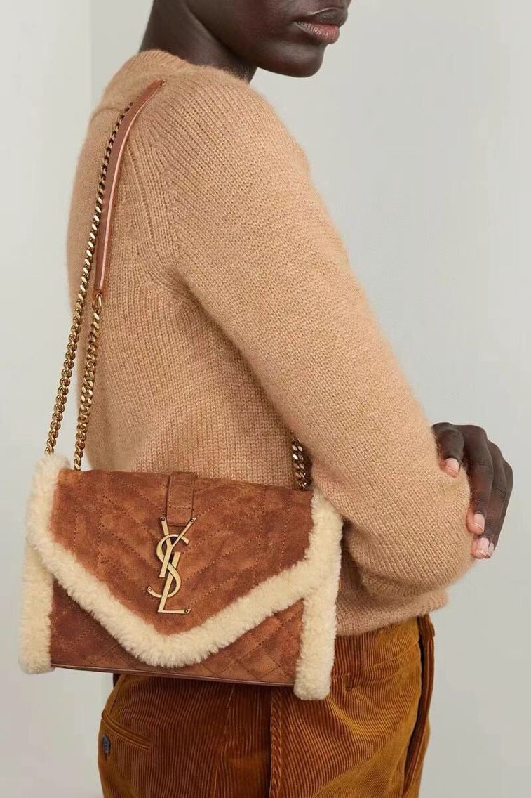 Yves Saint Laurent ENVELOPE SMALL BAG IN SUEDE AND SHEARLING 76361 brown