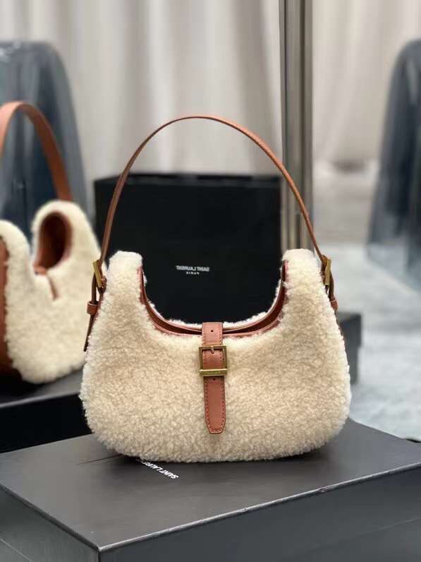 Yves Saint Laurent LE FERMOIR HOBO BAG IN MERINO SHEARLING 6726152 NATURAL BEIGE & BRICK