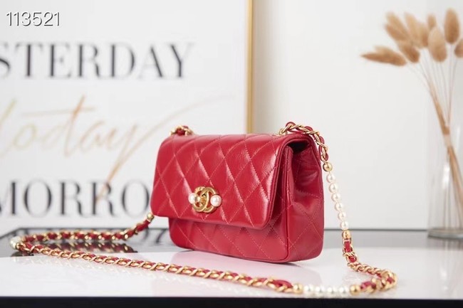 Chanel SMALL FLAP BAG Calfskin Imitation Pearls & Gold-Tone Metal AS3000 red