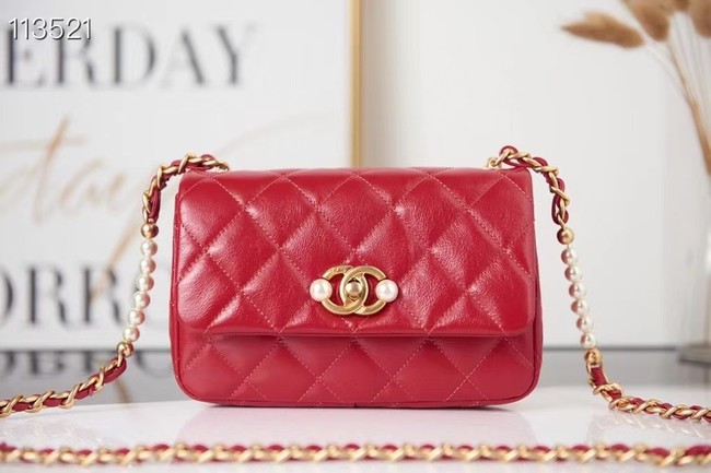 Chanel SMALL FLAP BAG Calfskin Imitation Pearls & Gold-Tone Metal AS3000 red