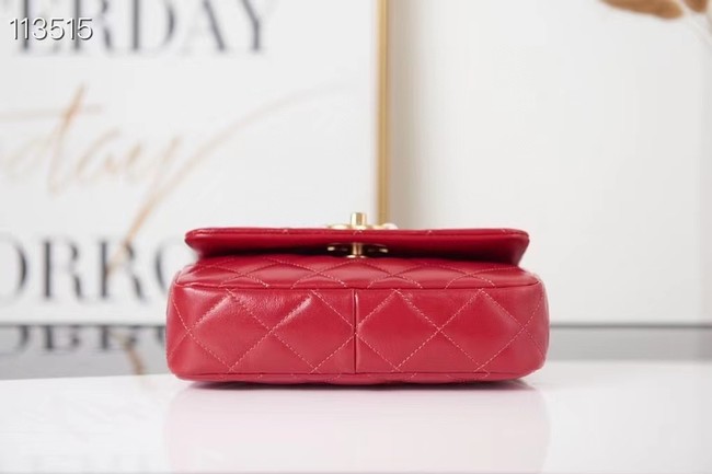 Chanel SMALL FLAP BAG Calfskin Imitation Pearls & Gold-Tone Metal AS3001 red