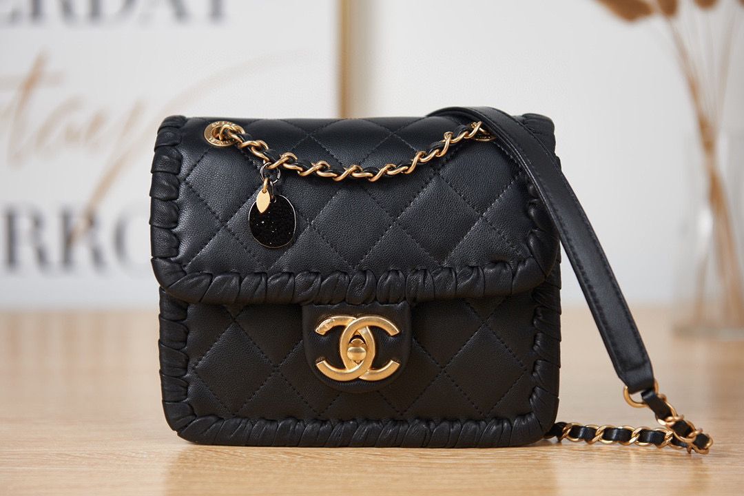 Chanel 22C New Woven Piping Square Original Leather Bag AS2495 Black