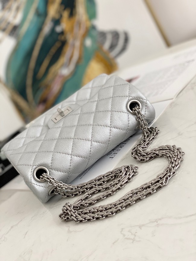 Chanel MINI 2.55 HANDBAG Metallic Grained Calfskin & White Metal AS0874 Silver