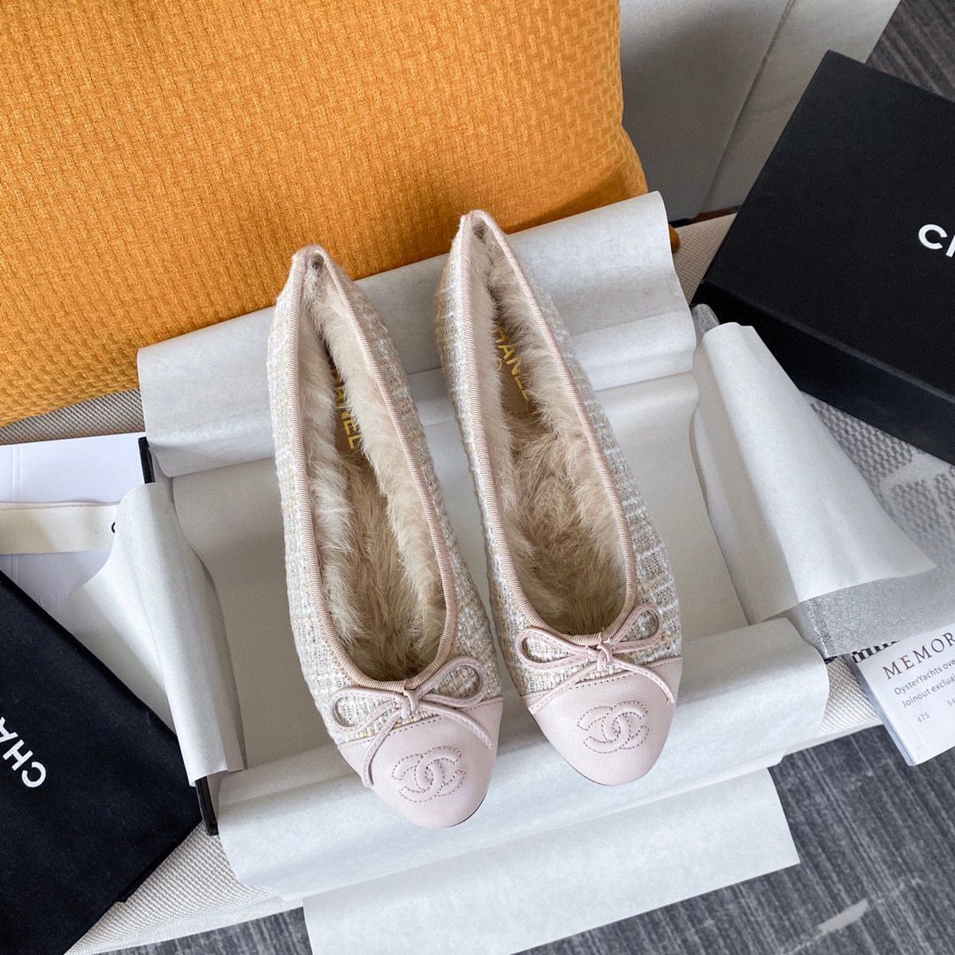 Chanel Ballet Shoes Original Leather Rabbit Fur CC23560 Pink