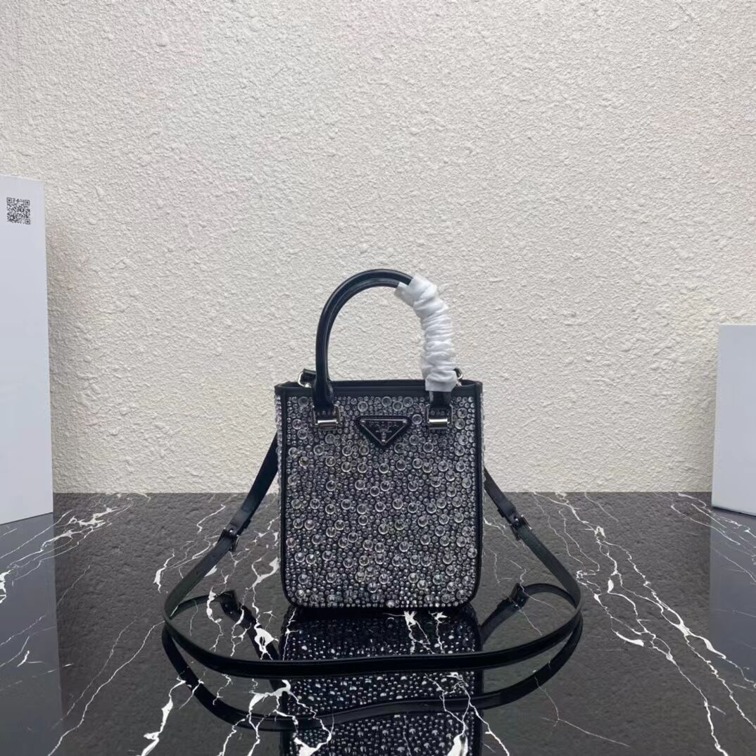 Prada leather small-bag with artificial crystals tote 1BC331 black