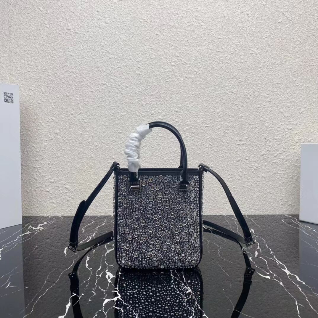 Prada leather small-bag with artificial crystals tote 1BC331 black