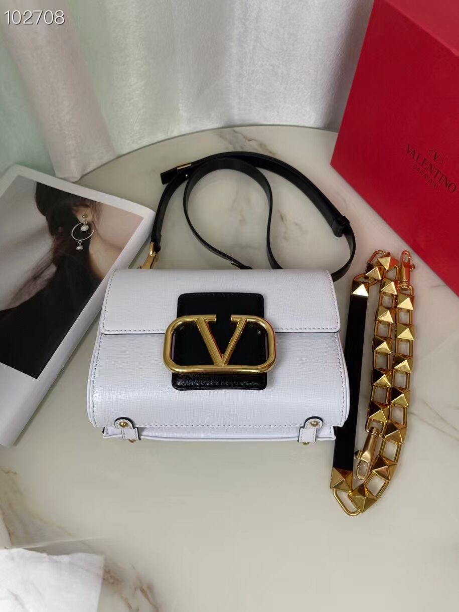 VALENTINO GARAVANI Stud Sign Grained Calfskin Shoulder Bag V0196 white&black