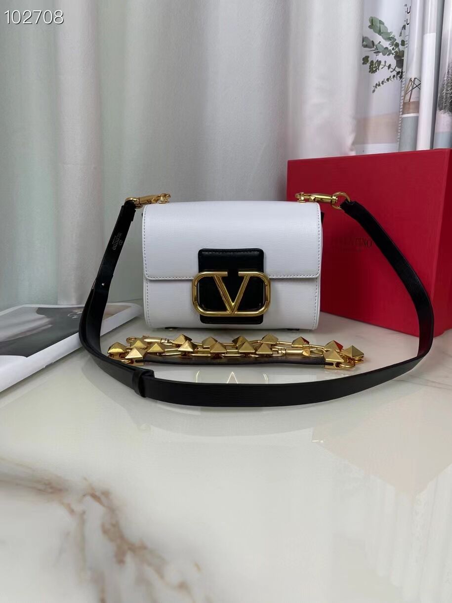 VALENTINO GARAVANI Stud Sign Grained Calfskin Shoulder Bag V0196 white&black