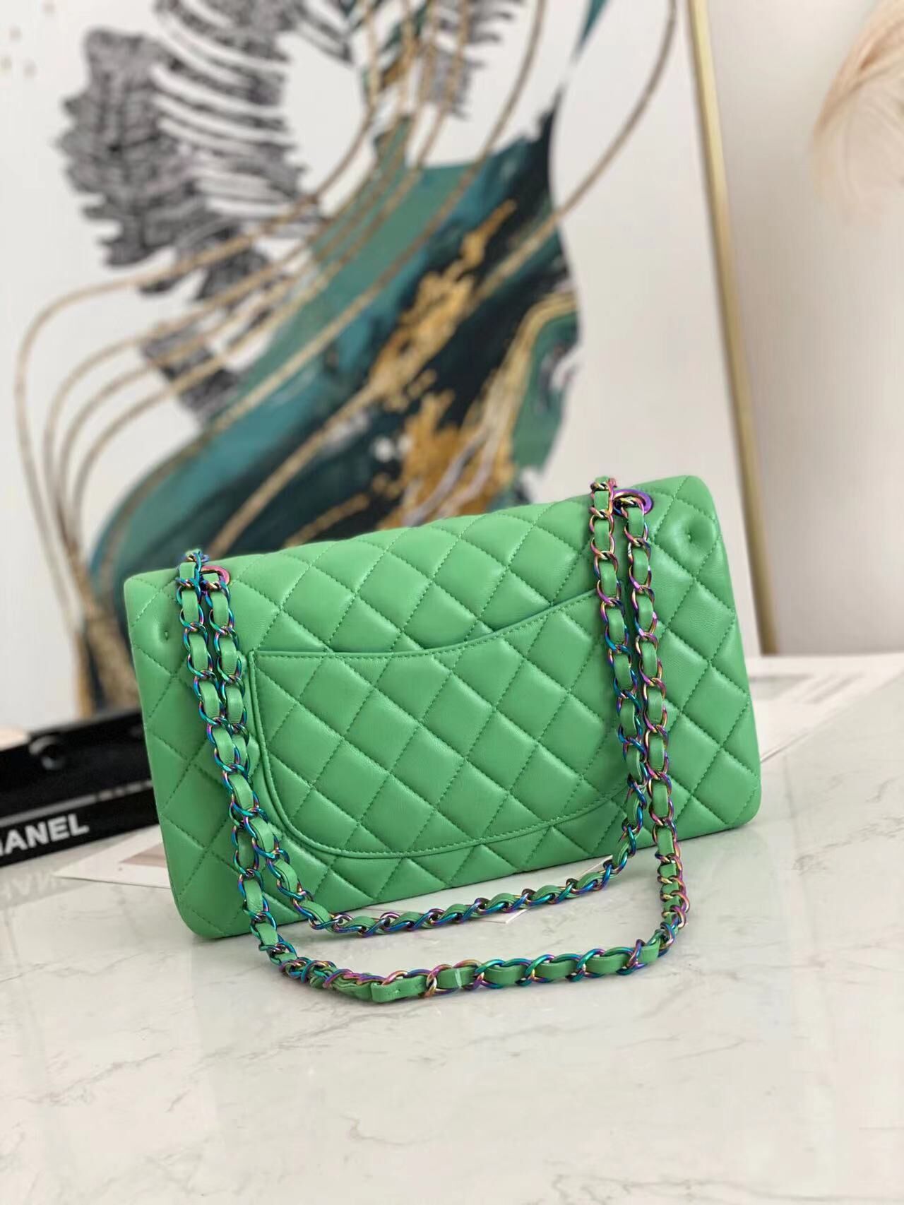 Chanel Classic Handbag Lambskin & Color Metal A01112 Green