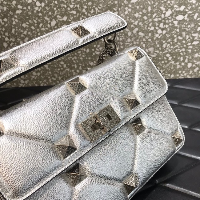 VALENTINO GARAVANI Grained Calfskin Shoulder Bag 2B0I59 silver