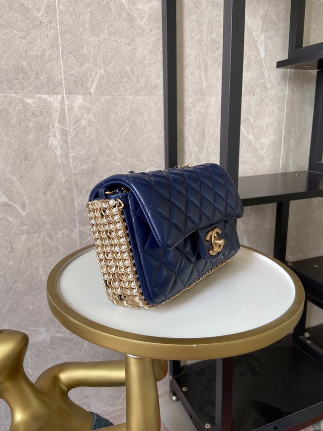 chanel classic handbag Lambskin &Imitation Pearls& gold Metal AS1740 blue