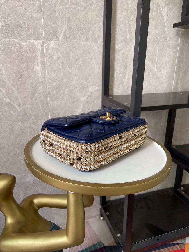 chanel classic handbag Lambskin &Imitation Pearls& gold Metal AS1740 blue