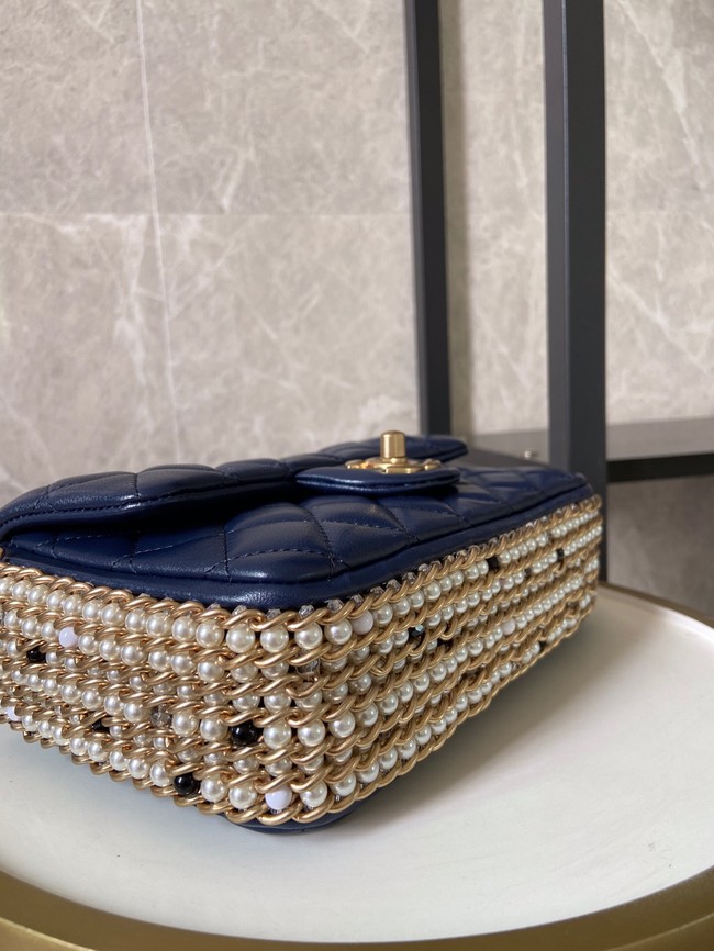 chanel classic handbag Lambskin &Imitation Pearls& gold Metal AS1740 blue