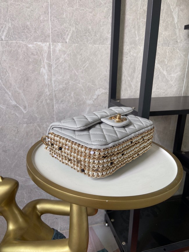 chanel classic handbag Lambskin &Imitation Pearls& gold Metal AS1740 light gray