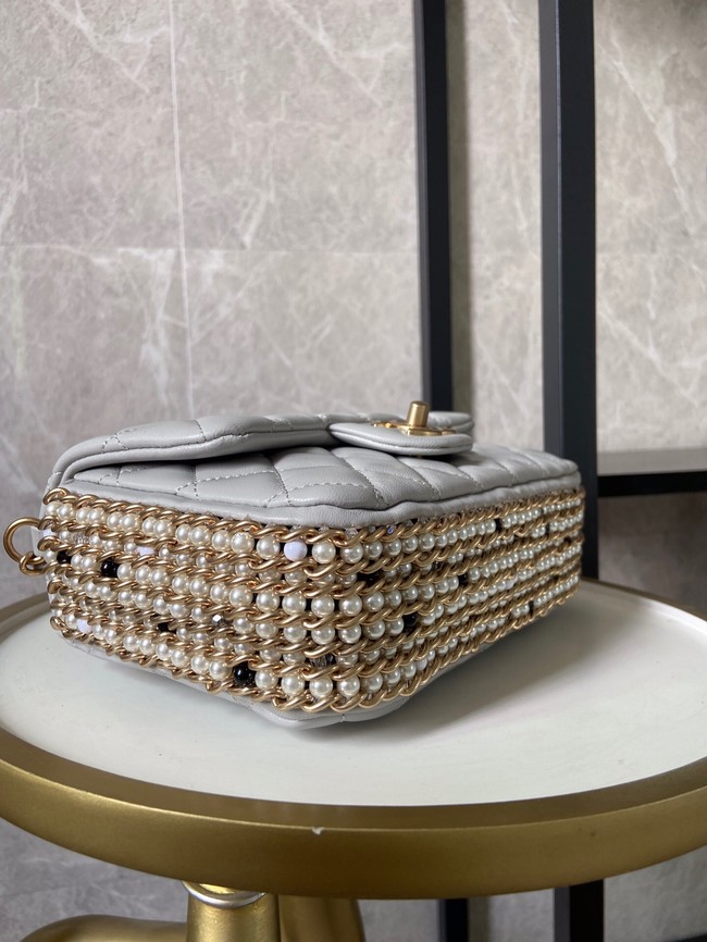 chanel classic handbag Lambskin &Imitation Pearls& gold Metal AS1740 light gray