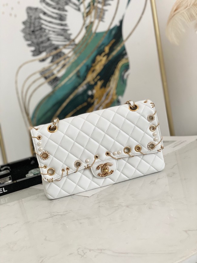 chanel classic handbag Lambskin& gold Metal AS1112 white