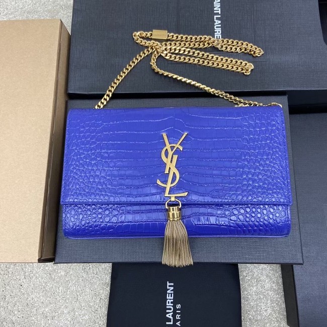 YSL KATE MEDIUM WITH TASSEL IN CROCODILE-EMBOSSED SHINY LEATHER 377829 blue