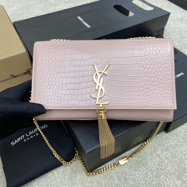 YSL KATE MEDIUM WITH TASSEL IN CROCODILE-EMBOSSED SHINY LEATHER 377829 pink