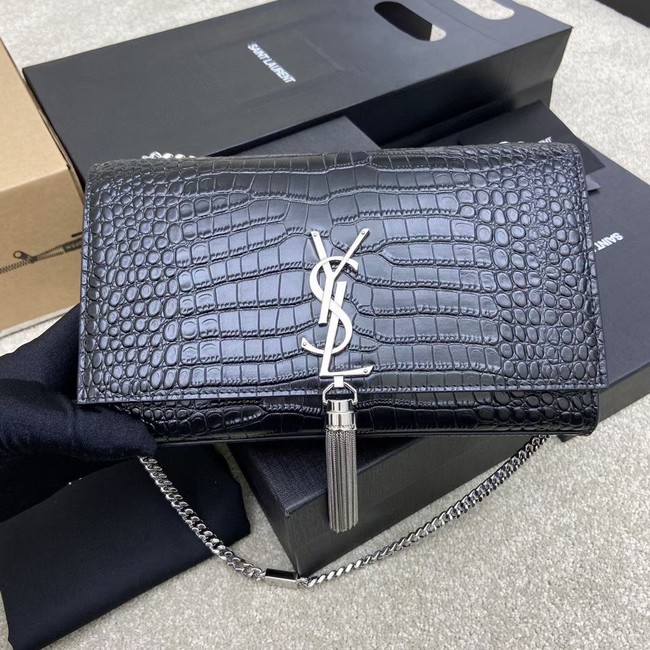 YSL KATE MEDIUM WITH TASSEL IN CROCODILE-EMBOSSED SHINY LEATHER B377829 black