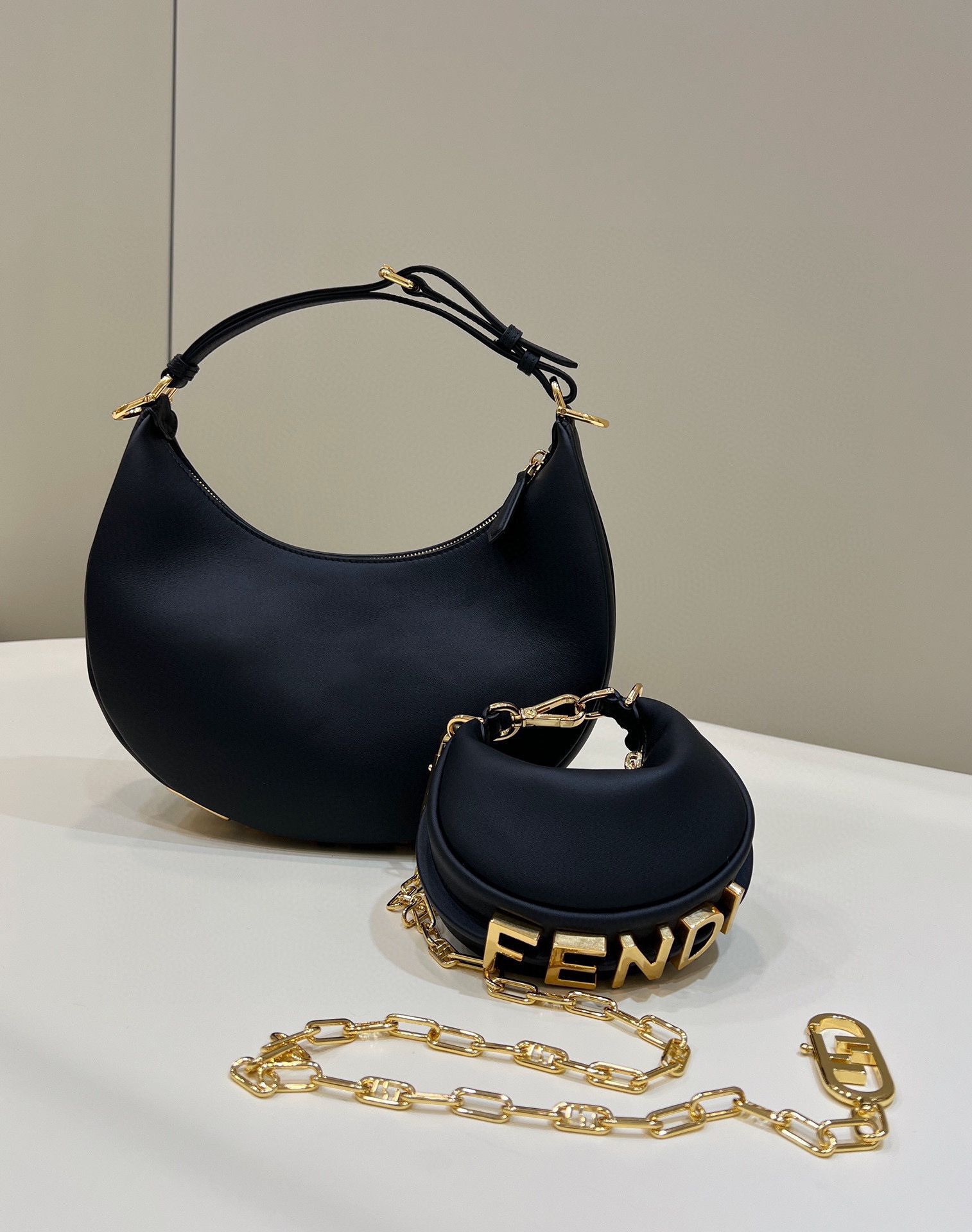 Fendi Praphy Original Leather Big FENDI Logo Small size and Medium size Bag 80056S Black