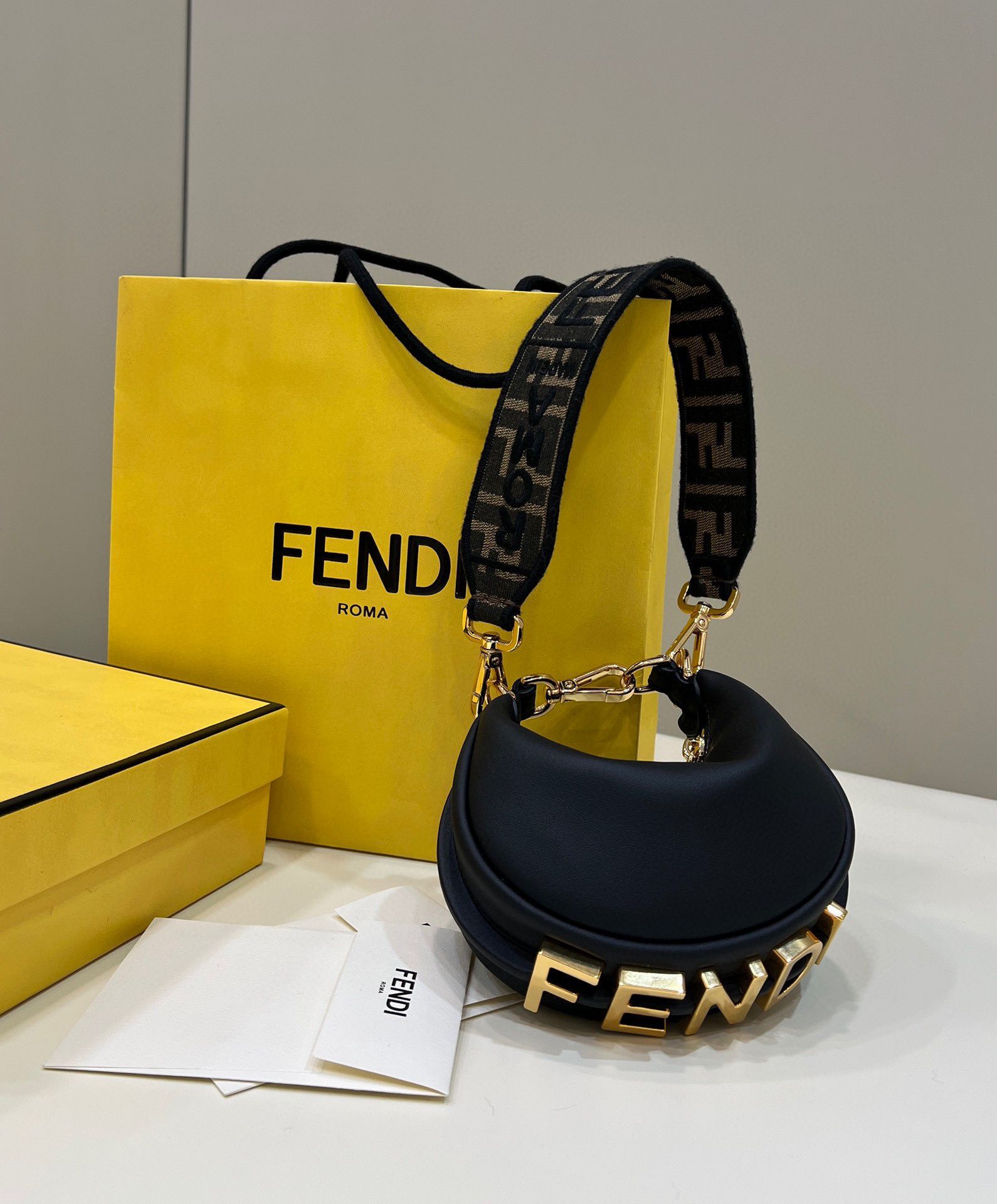 Fendi Praphy Original Leather Big FENDI Logo Mini Bag 80056S Black