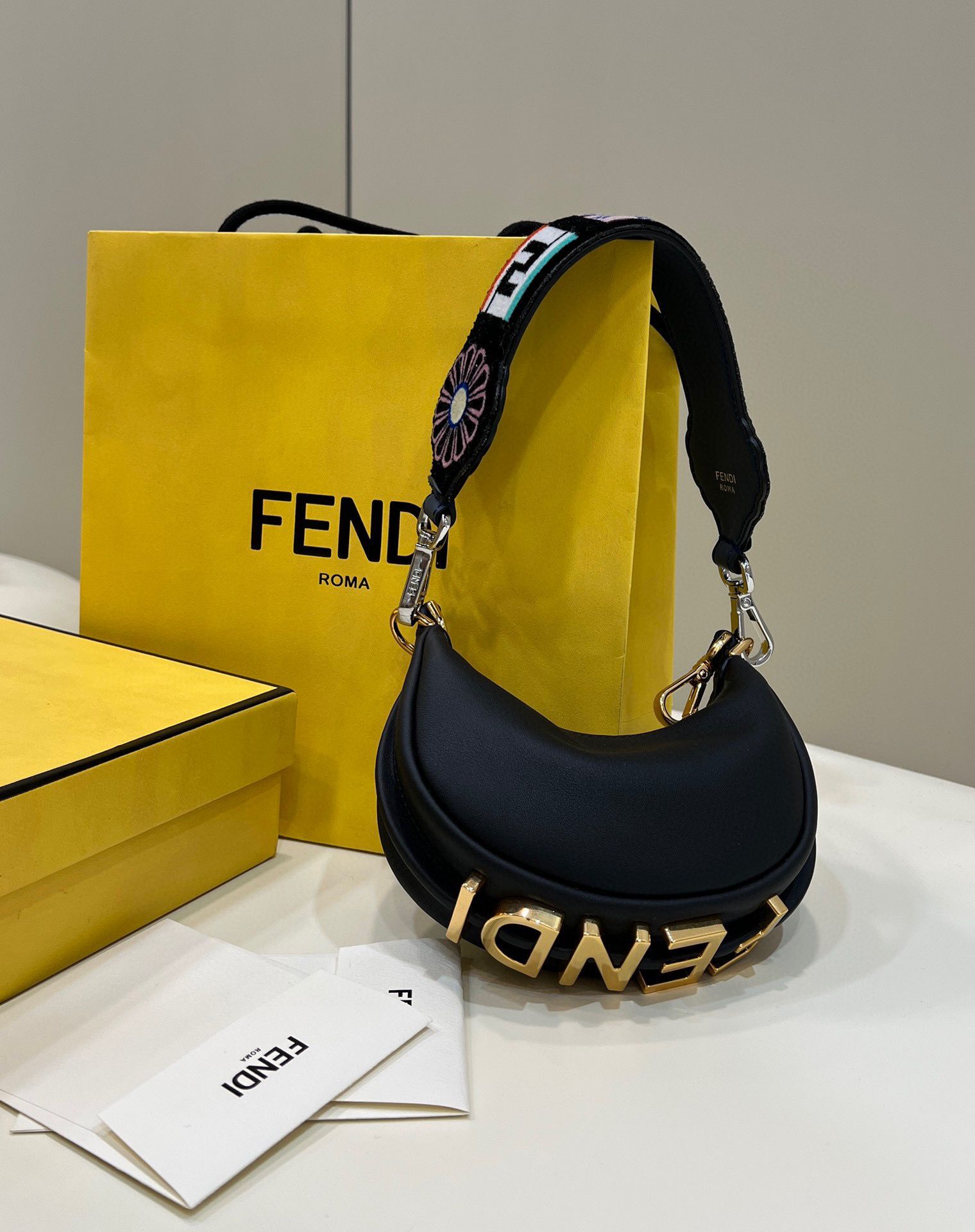 Fendi Praphy Original Leather Big FENDI Logo Small size and Medium size Bag 80056S Black