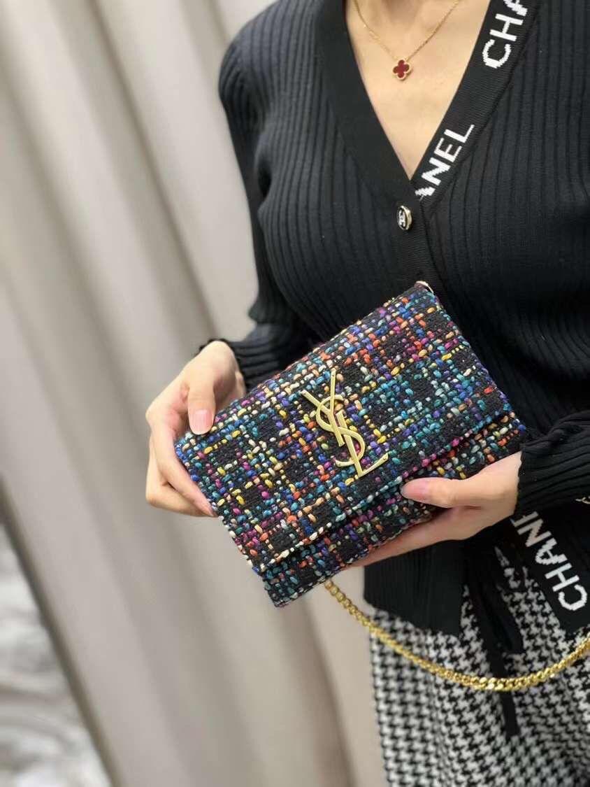 Yves Saint Laurent PUFFER SMALL BAG IN CHECKED TWEED AND LAMBSKIN 569930 multicolour