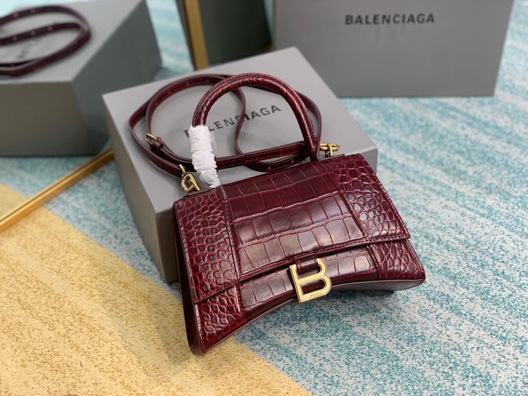 Balenciaga HOURGLASS SMALL TOP HANDLE BAG crocodile embossed calfskin B108895E Burgundy