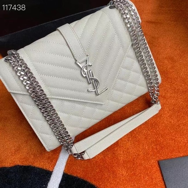 SAINT LAURENT ENVELOPE MEDIUM BAG IN MIX MATELASSe GRAIN DE POUDRE EMBOSSED LEATHER 600185 BLANC VINTAGE&SILVER