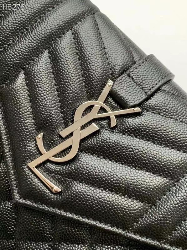 SAINT LAURENT MONOGRAM CHAIN WALLET IN MIX MATELASSE GRAIN DE POUDRE EMBOSSED LEATHER 620280 BLACK&SILVER