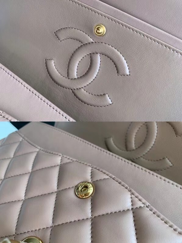 CHANEL Classic Handbag Lambskin Taupe 01112 & gold-Tone Metal