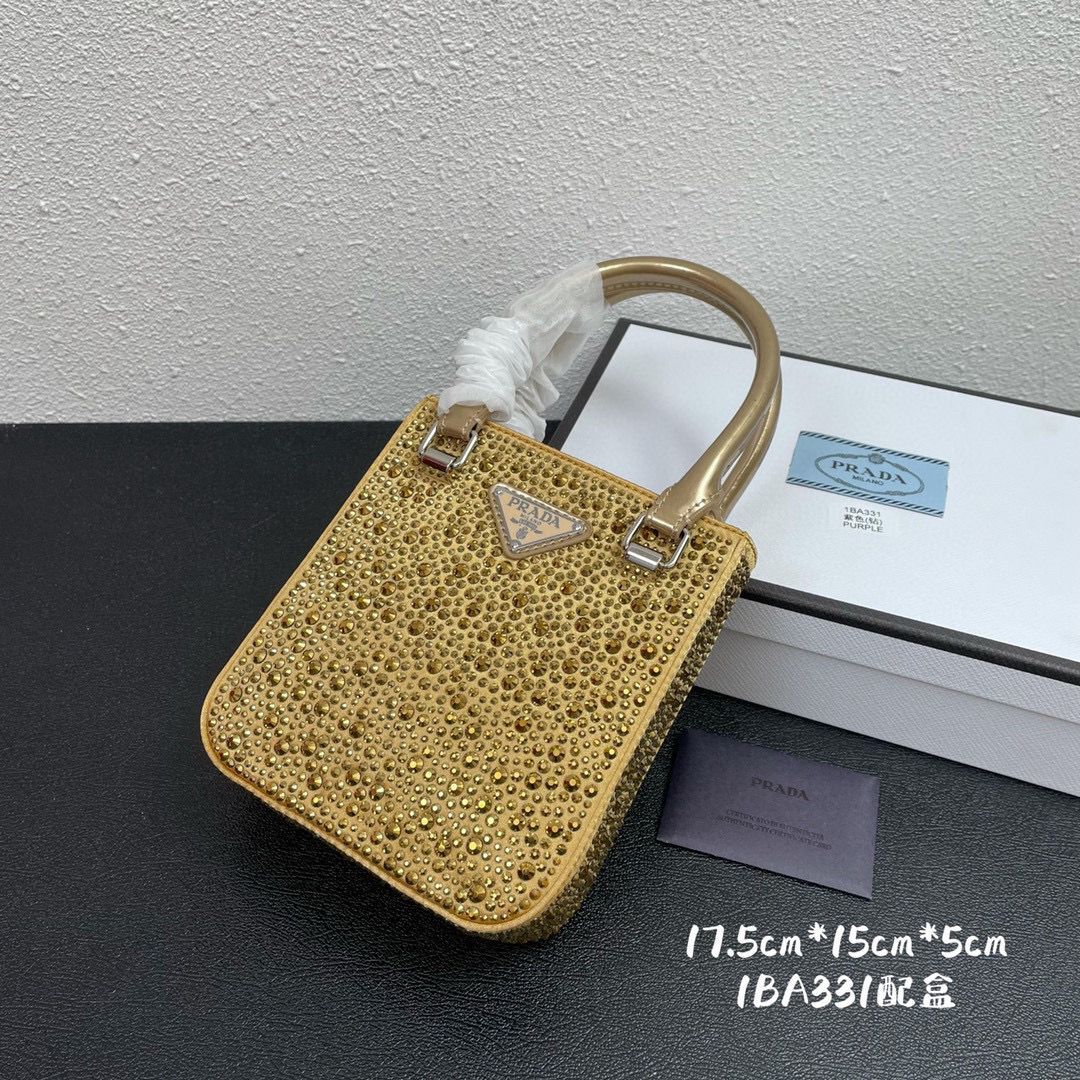 Prada leather small-bag with artificial crystals tote 1BC331 Gold