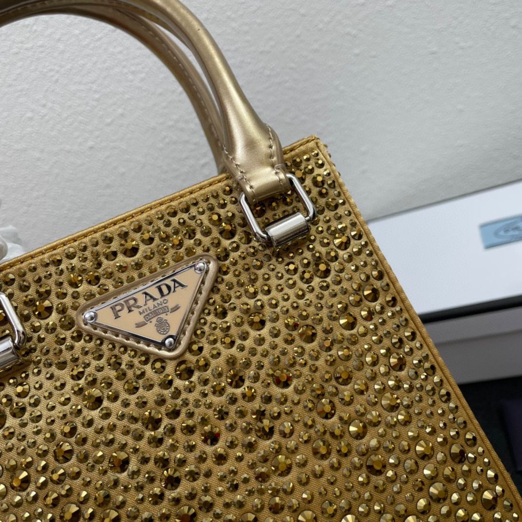 Prada leather small-bag with artificial crystals tote 1BC331 Gold