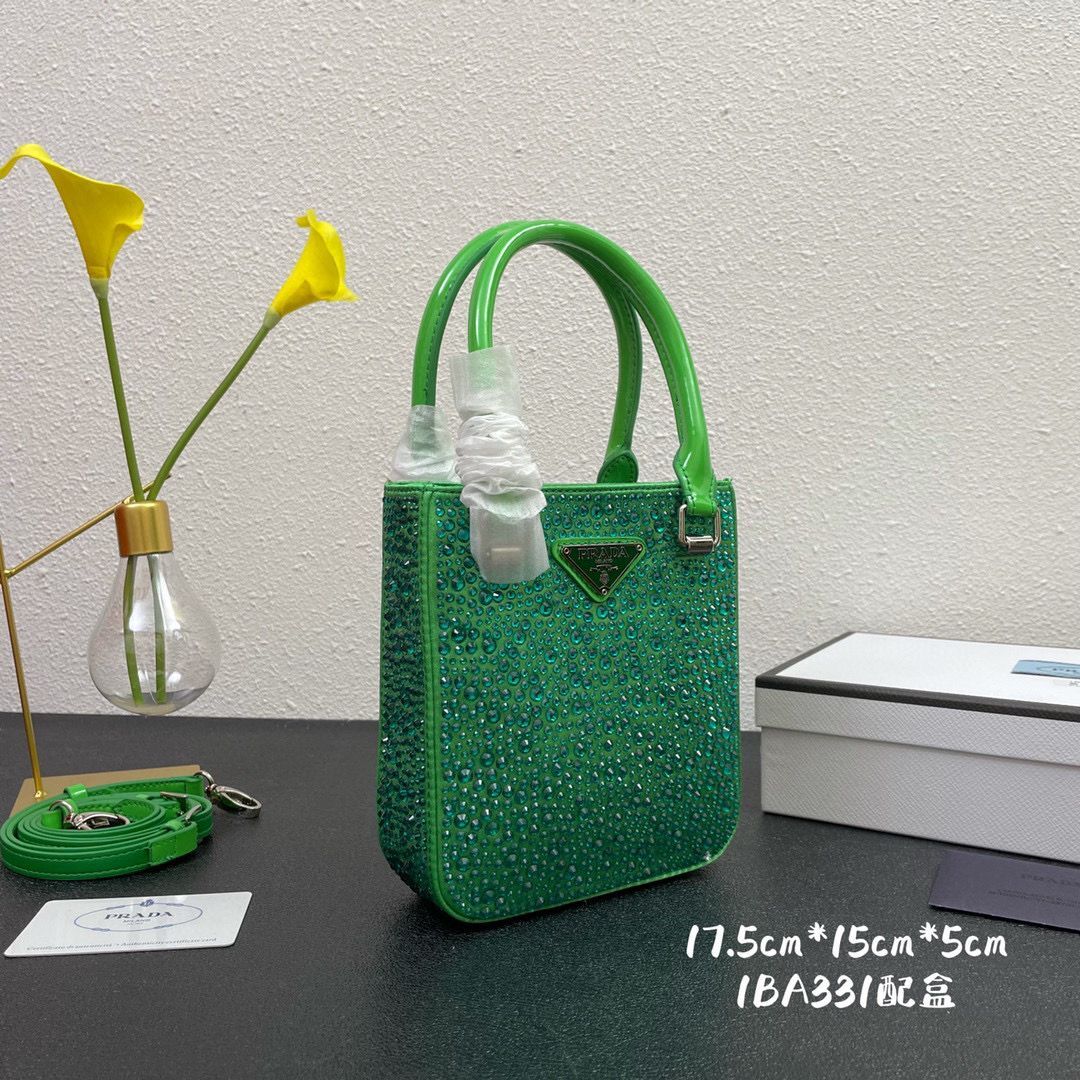 Prada leather small-bag with artificial crystals tote 1BC331 Green