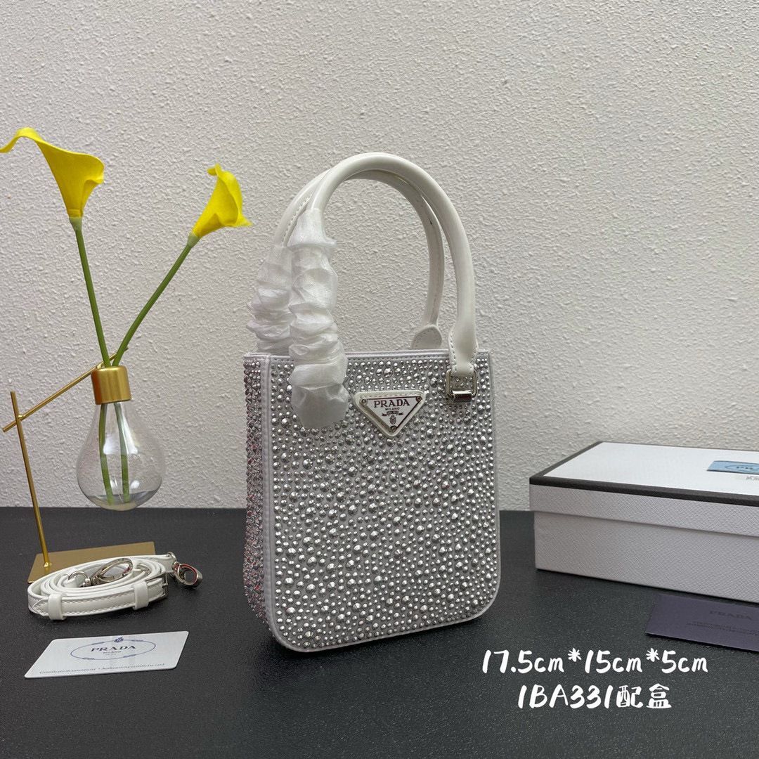 Prada leather small-bag with artificial crystals tote 1BC331 White