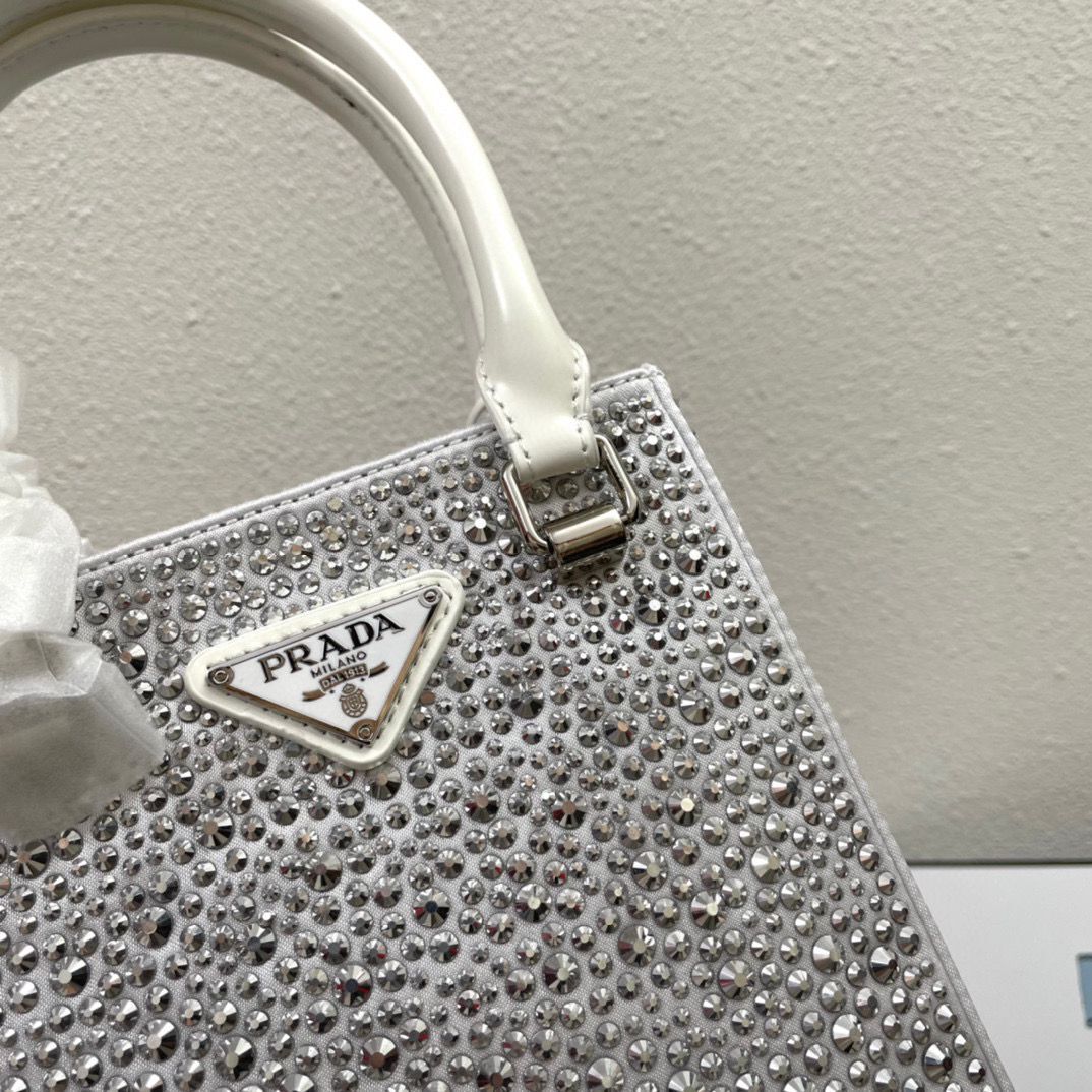 Prada leather small-bag with artificial crystals tote 1BC331 White