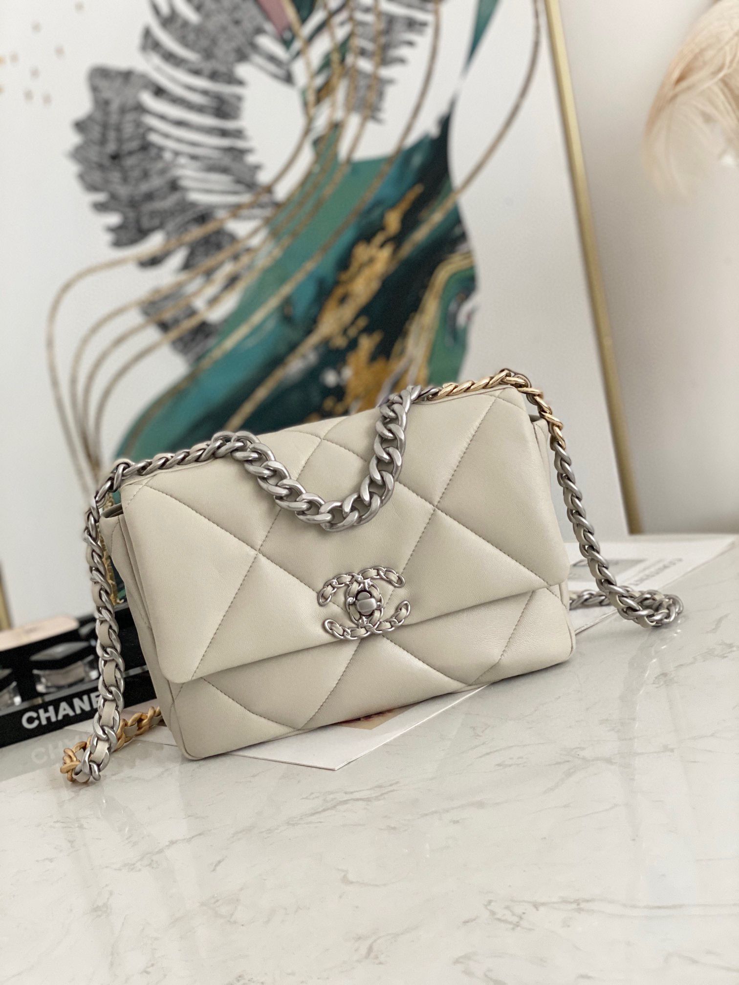 Chanel 19 flap bag AS1160 AS1161 AS1162 Off White Silver Hardware