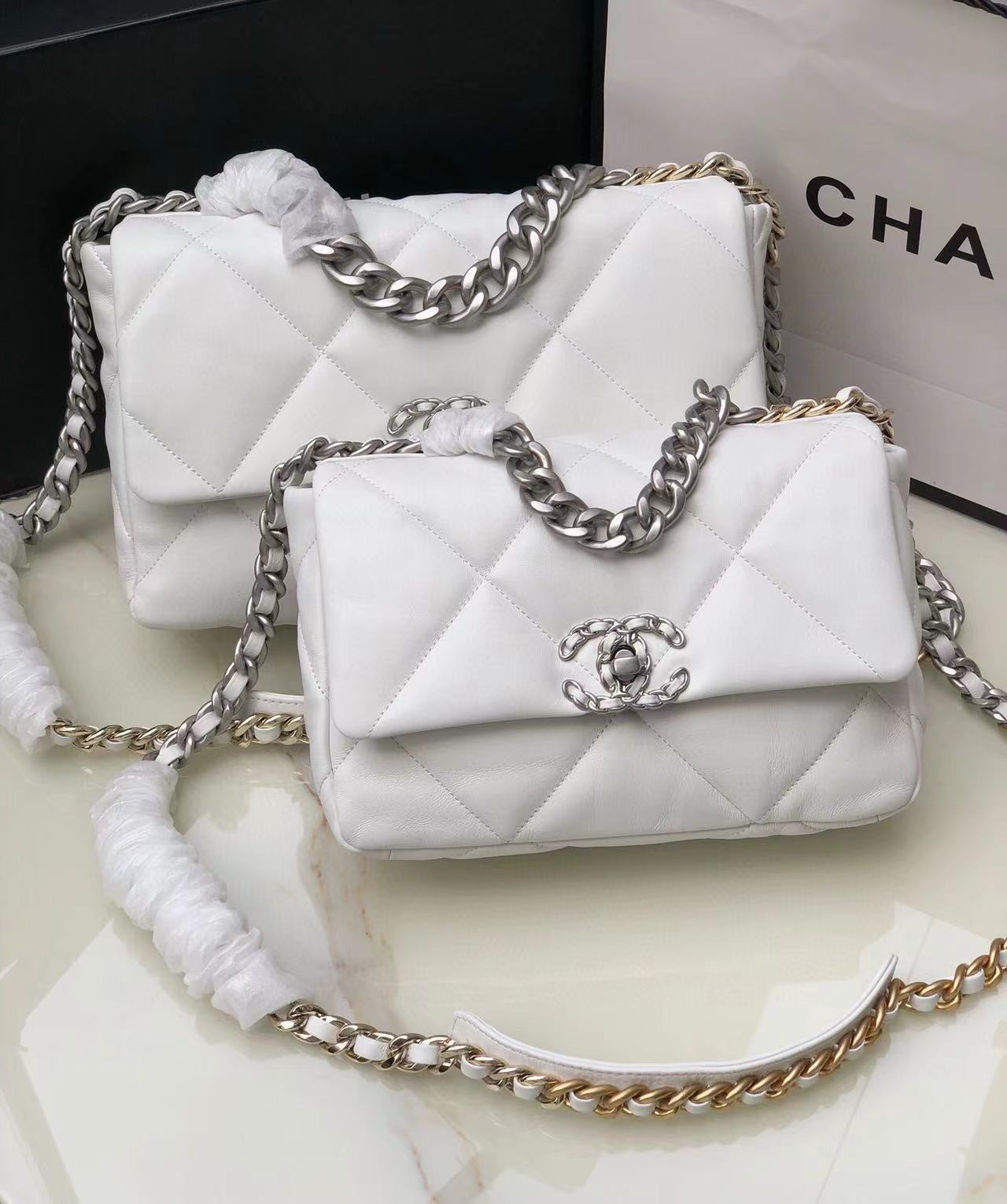 Chanel 19 flap bag AS1160 AS1161 AS1162 White Silver Hardware