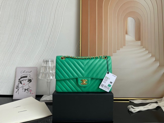 Chanel classic handbag Lambskin & gold Metal V01112 green