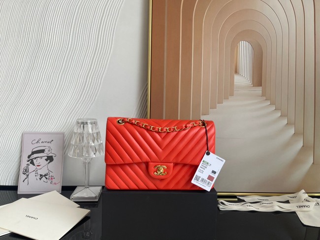 Chanel classic handbag Lambskin & gold Metal V01112 orange