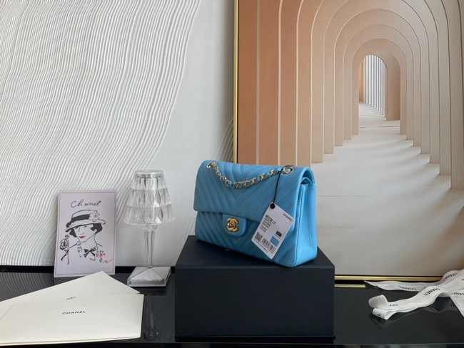 Chanel classic handbag Lambskin & gold Metal V01112 sky blue