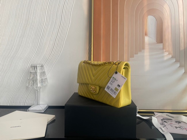 Chanel classic handbag Lambskin & gold Metal V01112 yellow