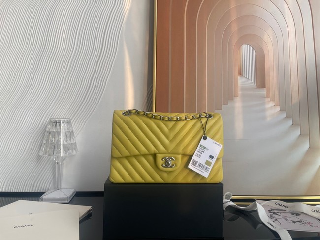 Chanel classic handbag Lambskin & silver Metal V01112 yellow