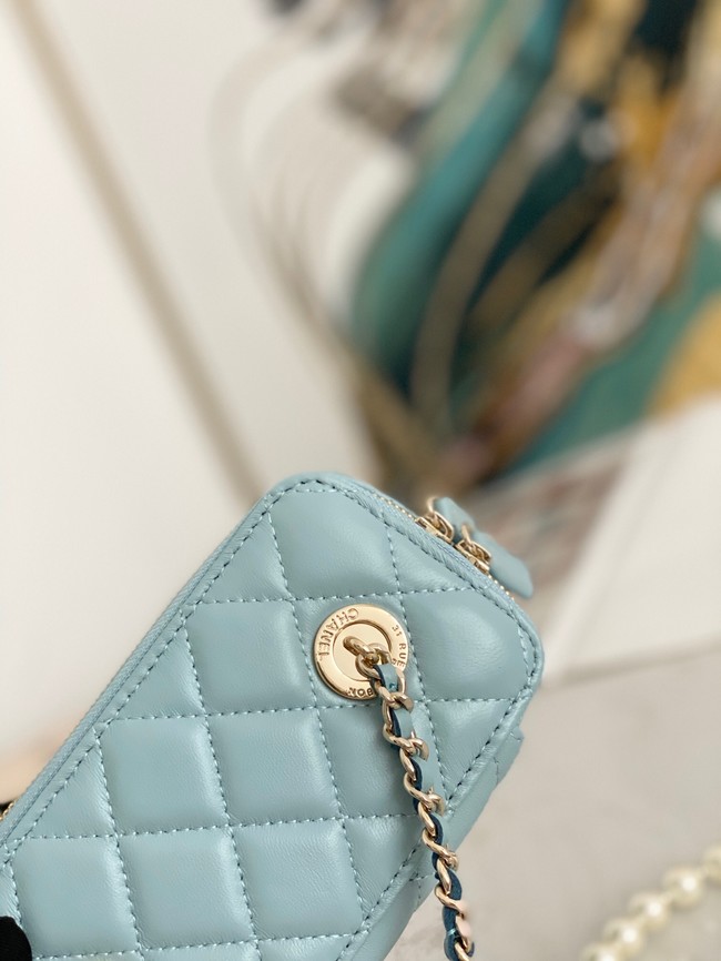 Chanel mini Shoulder Bag Lambskin Imitation Pearls & Gold-Tone Metal AS91192 light blue